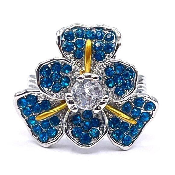 925 Sterling Silver with Blue and White Cubic Zirconia Flower Ring Size 8 - Picture 1 of 7